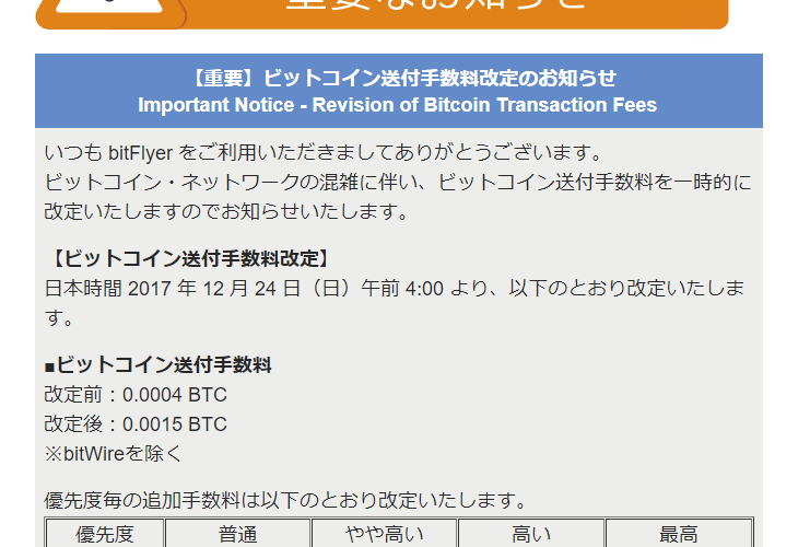 bitflyer、ビットコインの送信手数料を12月24日4時より期間未定で一時値上げへ、手数料だけで3000円前後に