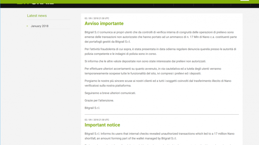 イタリアの取引所「BitGrail」で「Nano」17,000,000XRB が不正取引(被害時220億円相当)